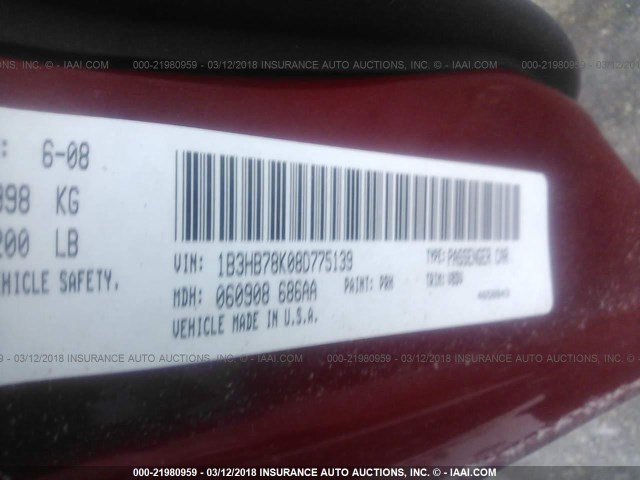 1B3HB78K08D775139 - 2008 DODGE CALIBER R/T RED photo 9