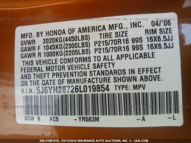 5J6YH28726L019854 - 2006 HONDA ELEMENT EX ORANGE photo 9