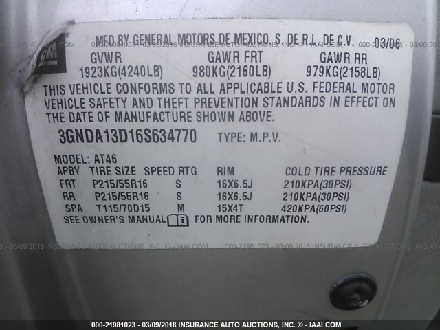 3GNDA13D16S634770 - 2006 CHEVROLET HHR LS SILVER photo 9