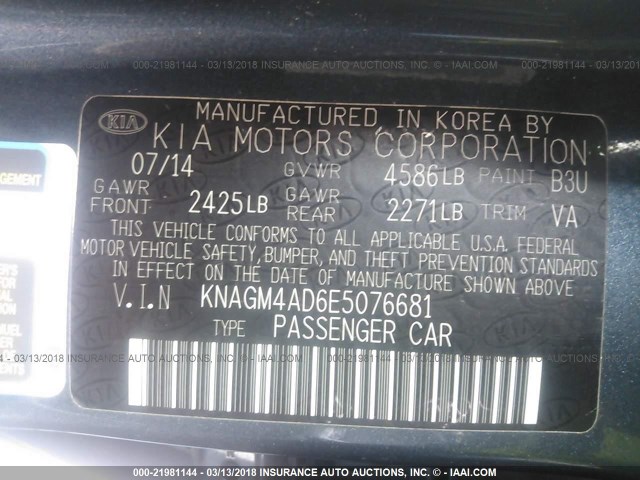 KNAGM4AD6E5076681 - 2014 KIA OPTIMA HYBRID BLUE photo 9