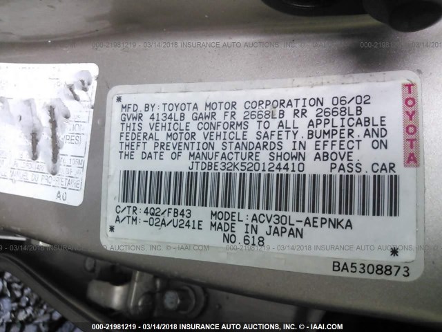 JTDBE32K520124410 - 2002 TOYOTA CAMRY LE/XLE/SE 金色 照片 9