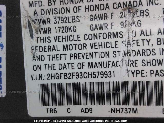 2HGFB2F93CH579931 - 2012 HONDA CIVIC EXL GRAY photo 9