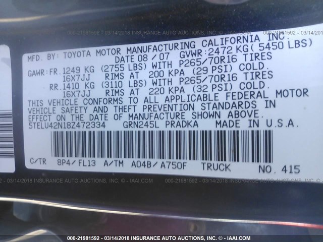 5TELU42N18Z472334 - 2008 TOYOTA TACOMA DOUBLE CAB მუქი ლურჯი ფოტო 9