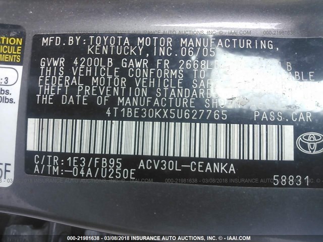 4T1BE30KX5U627765 - 2005 TOYOTA CAMRY LE/XLE/SE 灰色 照片 9