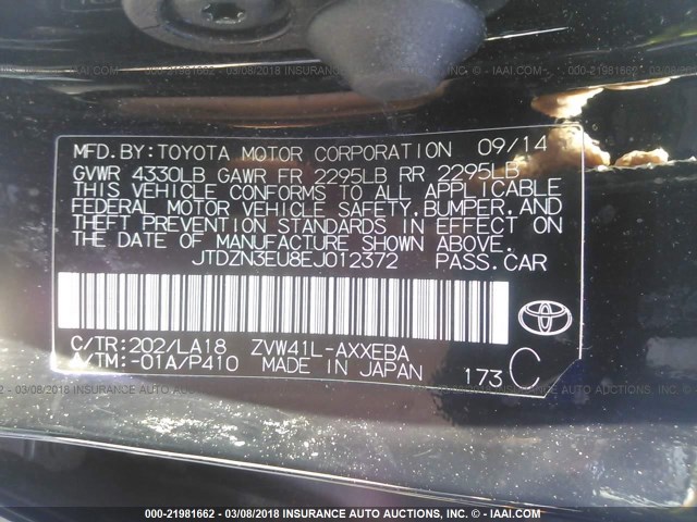 JTDZN3EU8EJ012372 - 2014 TOYOTA PRIUS V BLACK photo 9