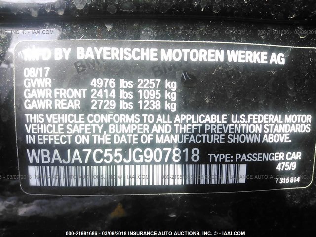 WBAJA7C55JG907818 - 2018 BMW 530 XI BLACK photo 9