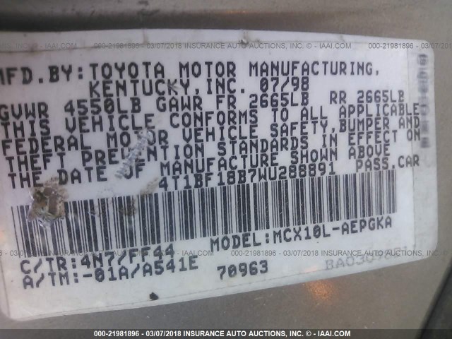 4T1BF18B7WU288891 - 1998 TOYOTA AVALON XL/XLS TAN photo 9