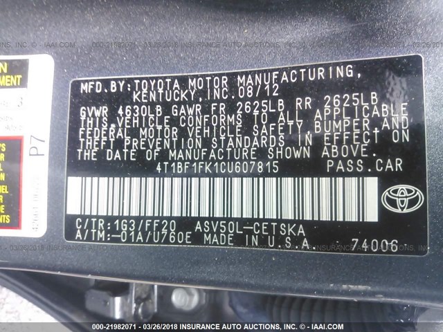 4T1BF1FK1CU607815 - 2012 TOYOTA CAMRY SE/LE/XLE Сұр фото 9
