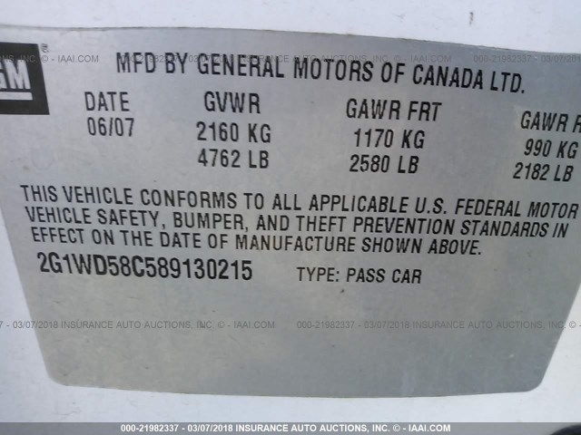 2G1WD58C589130215 - 2008 CHEVROLET IMPALA SUPER SPORT WHITE photo 9