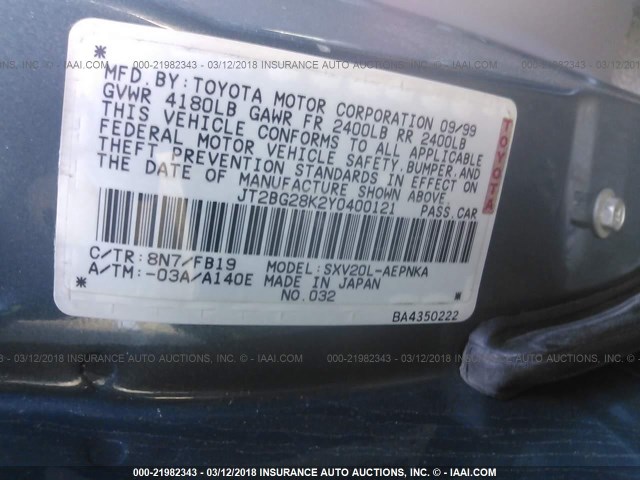 JT2BG28K2Y0400121 - 2000 TOYOTA CAMRY LE/XLE TEAL photo 9