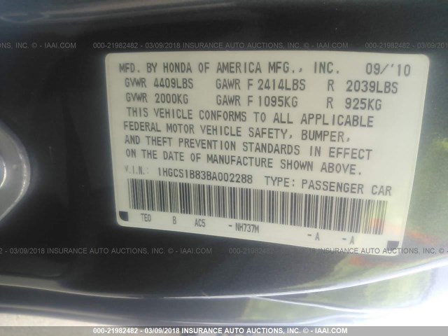 1HGCS1B83BA002288 - 2011 HONDA ACCORD EXL GRAY photo 9