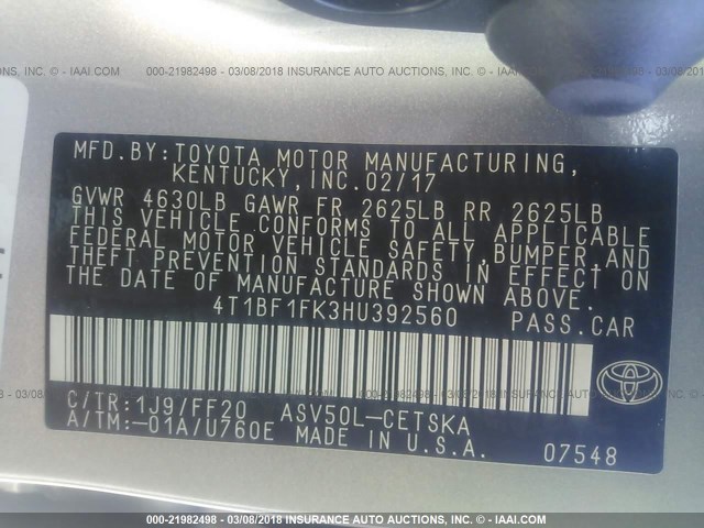 4T1BF1FK3HU392560 - 2017 TOYOTA CAMRY LE/XLE/SE/XSE SILVER photo 9