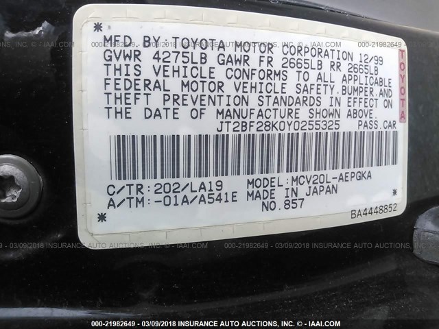 JT2BF28K0Y0255325 - 2000 TOYOTA CAMRY LE/XLE BLACK photo 9