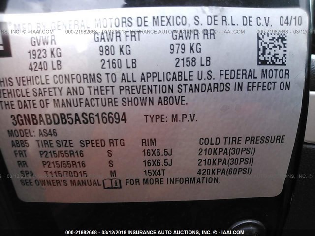 3GNBABDB5AS616694 - 2010 CHEVROLET HHR LT BLACK photo 9