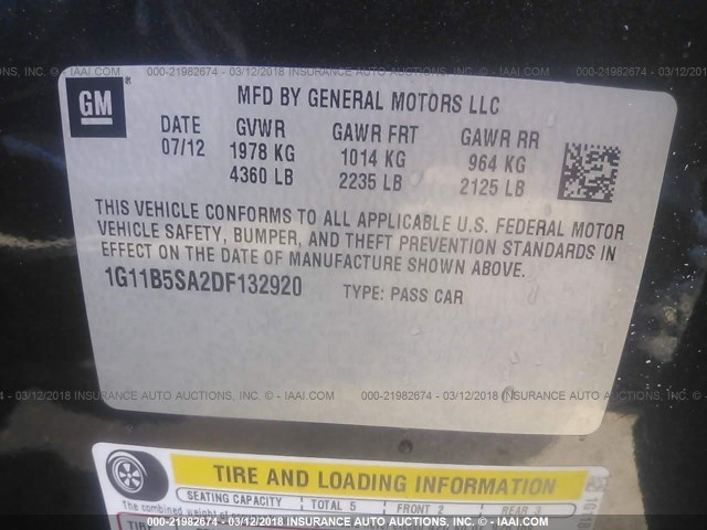 1G11B5SA2DF132920 - 2013 CHEVROLET MALIBU LS შავი ფოტო 9
