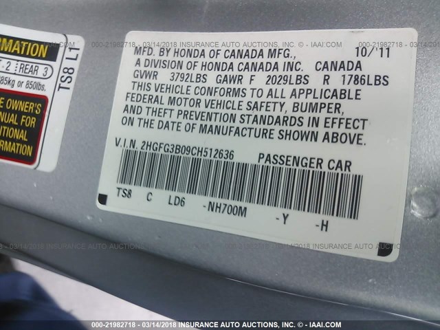 2HGFG3B09CH512636 - 2012 HONDA CIVIC EXL SILVER photo 9