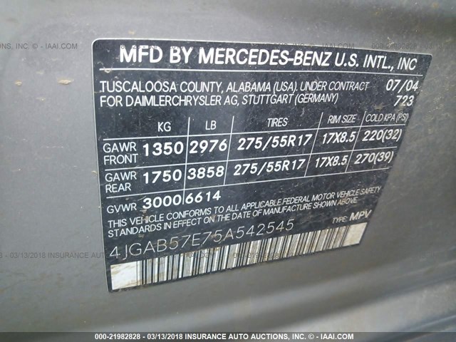 4JGAB57E75A542545 - 2005 MERCEDES-BENZ ML 350 GRAY photo 9