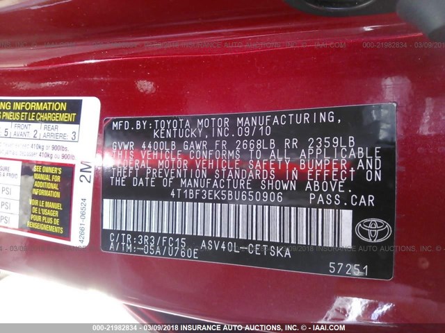 4T1BF3EK5BU650906 - 2011 TOYOTA CAMRY SE/LE/XLE RED photo 9