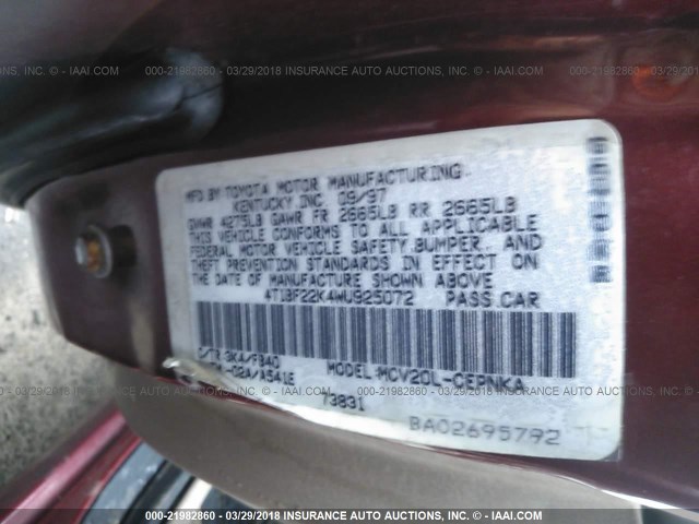 4T1BF22K4WU925072 - 1998 TOYOTA CAMRY CE/LE/XLE BURGUNDY photo 9