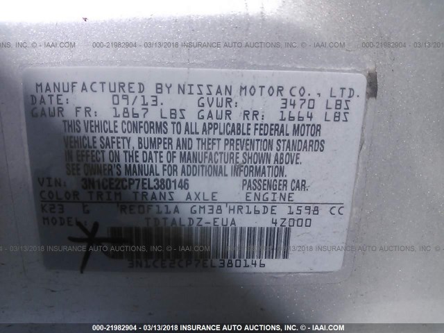 3N1CE2CP7EL380146 - 2014 NISSAN VERSA NOTE S/S PLUS/SV/SL SILVER photo 9