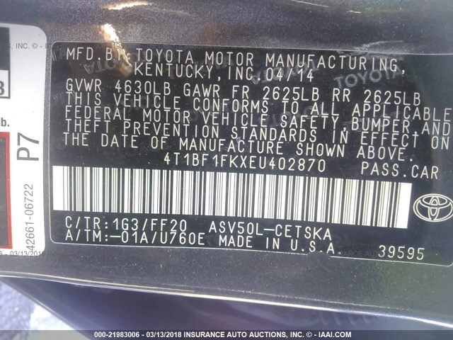 4T1BF1FKXEU402870 - 2014 TOYOTA CAMRY L/SE/LE/XLE GRAY photo 9