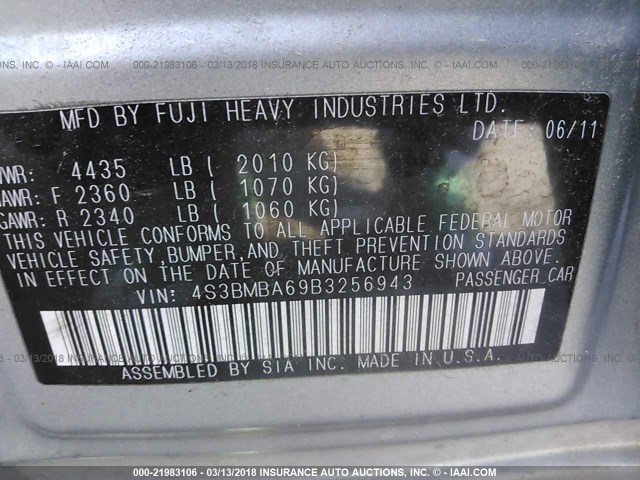 4S3BMBA69B3256943 - 2011 SUBARU LEGACY 2.5I SILVER photo 9