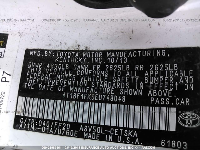 4T1BF1FK5EU748048 - 2014 TOYOTA CAMRY L/SE/LE/XLE 白色 照片 9