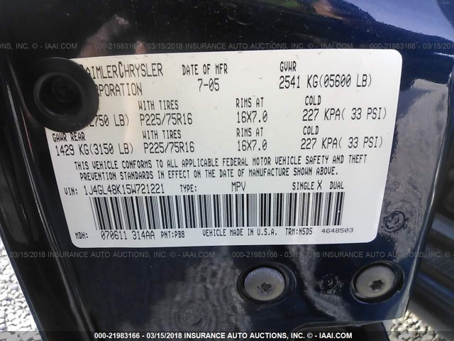 1J4GL48K15W721221 - 2005 JEEP LIBERTY SPORT 深蓝色 照片 9