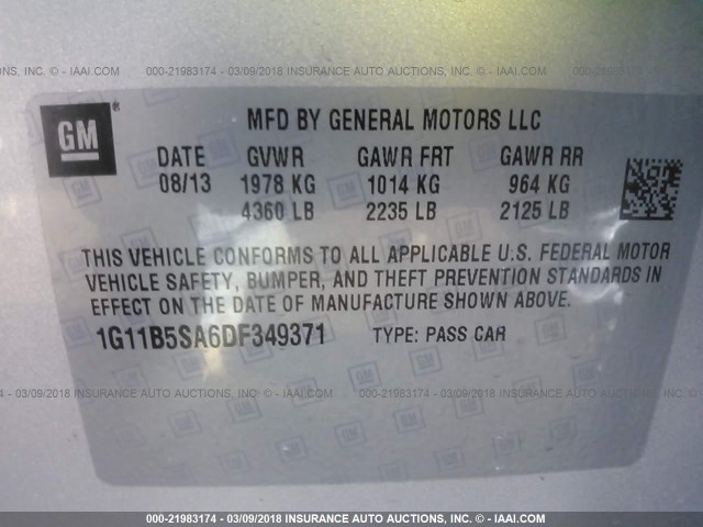 1G11B5SA6DF349371 - 2013 CHEVROLET MALIBU LS 银色 照片 9