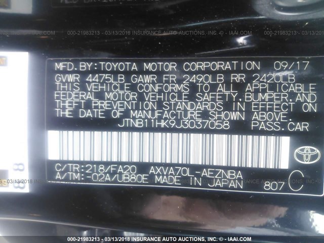 JTNB11HK9J3037058 - 2018 TOYOTA CAMRY L/LE/XLE/SE/XSE BLACK photo 9