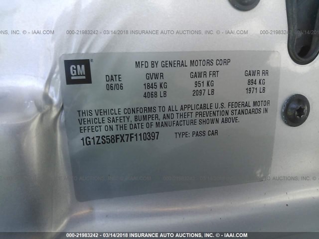 1G1ZS58FX7F110397 - 2007 CHEVROLET MALIBU LS ვერცხლისფერი ფოტო 9