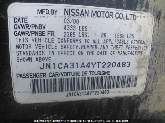 JN1CA31A4YT220483 - 2000 NISSAN MAXIMA GLE/GXE/SE BLACK photo 9