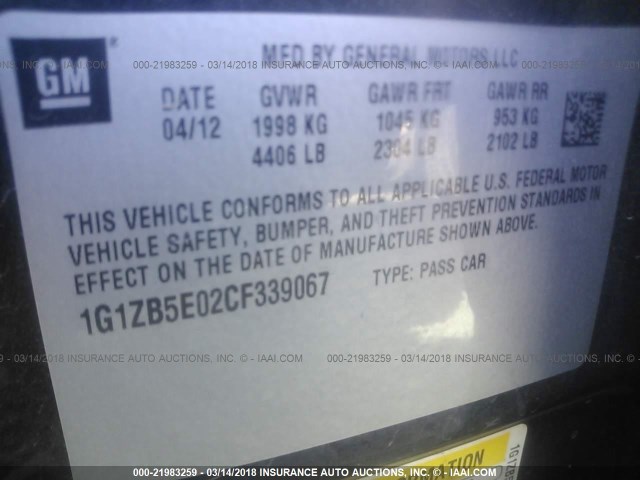 1G1ZB5E02CF339067 - 2012 CHEVROLET MALIBU LS 黑色 照片 9