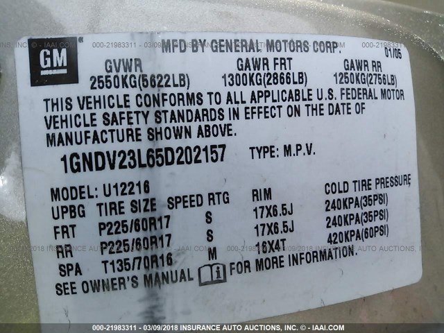 1GNDV23L65D202157 - 2005 CHEVROLET UPLANDER LS Ոսկեգույն լուսանկար 9