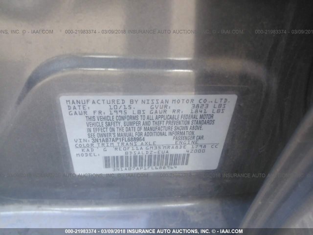 3N1AB7AP1FL688964 - 2015 NISSAN SENTRA S/SV/SR/SL GRAY photo 9