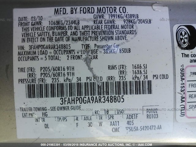 3FAHP0GA9AR348805 - 2010 FORD FUSION S SILVER photo 9