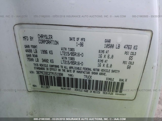 3B7MC33C2TM151990 - 1996 DODGE RAM 3500 WHITE photo 10