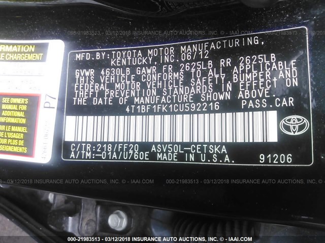 4T1BF1FK1CU592216 - 2012 TOYOTA CAMRY SE/LE/XLE 黑色 照片 9