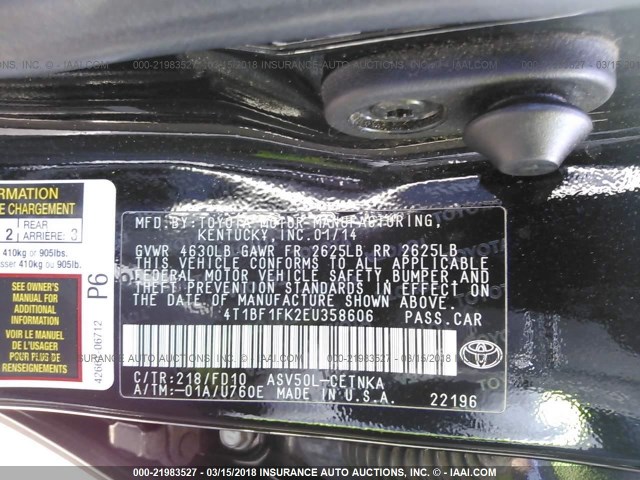 4T1BF1FK2EU358606 - 2014 TOYOTA CAMRY L/SE/LE/XLE 黑色 照片 9