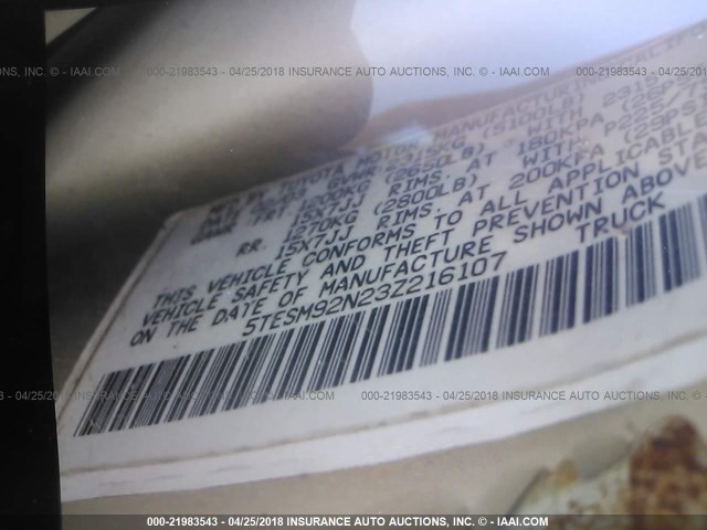 5TESM92N23Z216107 - 2003 TOYOTA TACOMA XTRACAB PRERUNNER ოქროსფერი ფოტო 9