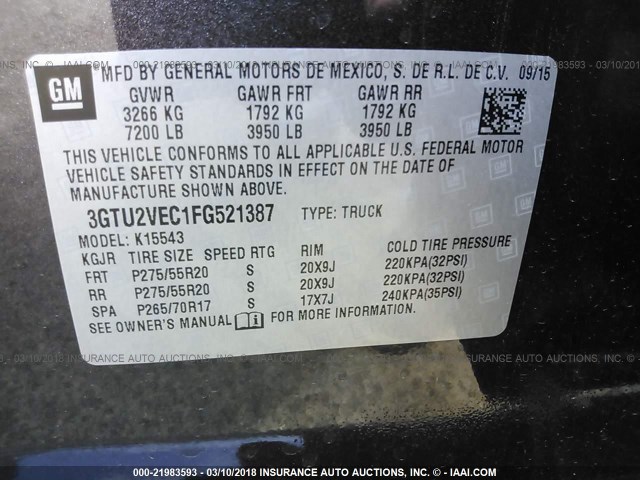 3GTU2VEC1FG521387 - 2015 GMC SIERRA K1500 SLT GRAY photo 9