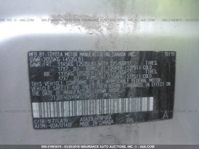 2T3DF4DV4BW172463 - 2011 TOYOTA RAV4 LIMITED Gümüş foto 9