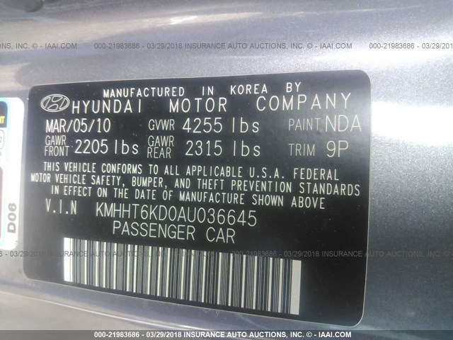 KMHHT6KD0AU036645 - 2010 HYUNDAI GENESIS COUPE 2.0T GRAY photo 9