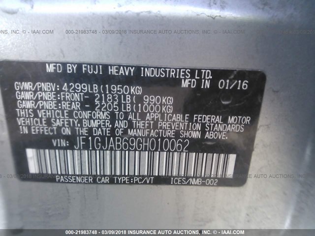 JF1GJAB69GH010062 - 2016 SUBARU IMPREZA PREMIUM SILVER photo 9