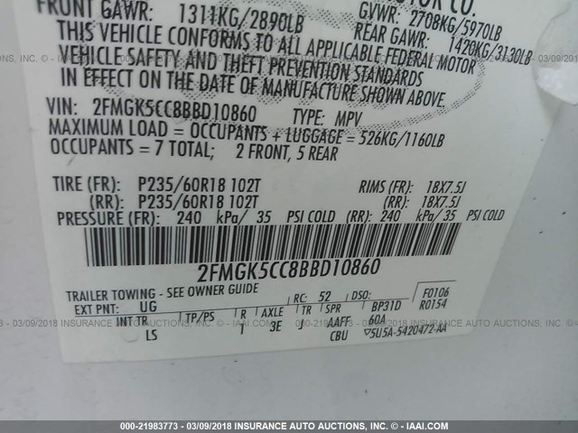 2FMGK5CC8BBD10860 - 2011 FORD FLEX SEL WHITE photo 9