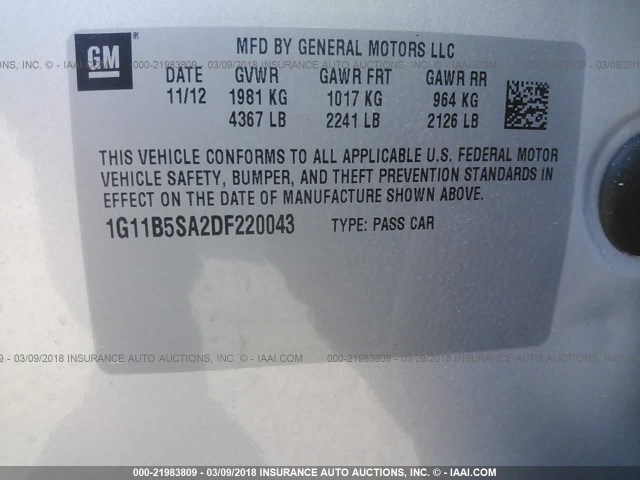 1G11B5SA2DF220043 - 2013 CHEVROLET MALIBU LS SILVER photo 9