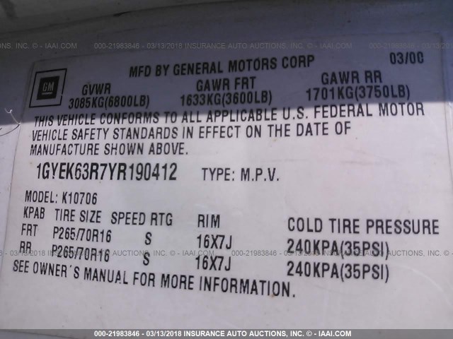 1GYEK63R7YR190412 - 2000 CADILLAC ESCALADE LUXURY 白色 照片 9