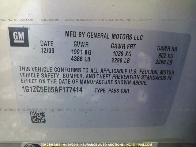 1G1ZC5E05AF177414 - 2010 CHEVROLET MALIBU 1LT 银色 照片 9