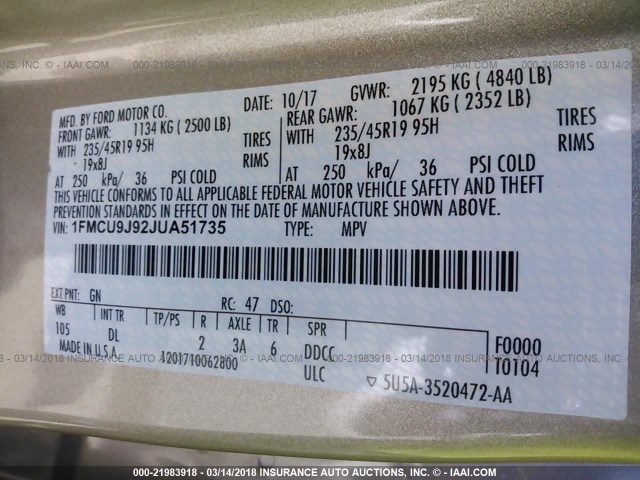 1FMCU9J92JUA51735 - 2018 FORD ESCAPE TITANIUM BEIGE photo 9