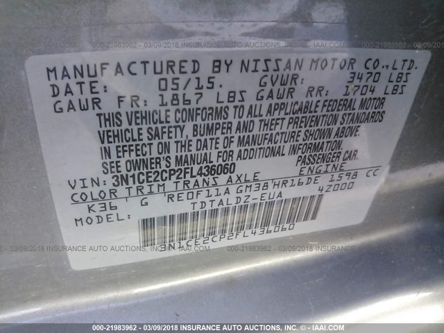 3N1CE2CP2FL436060 - 2015 NISSAN VERSA NOTE S/S PLUS/SV/SL/SR GRAY photo 9